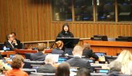 Minister of Public Health H E Dr. Hanan Mohammed Al Kuwari speaking during a high-level meeting at the UN General Assembly. 