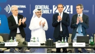 QTSBF Secretary-General Tariq Darwish Zainal (second left) and FIP President Luigi Carraro (third left) with other officials during the FIP General Assembly in Doha, yesterday.