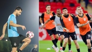 Al Sadd's Boualem Khoukhi in action during a training session (left) and Al Rayyan players attend team's training session.