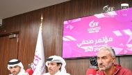 (From left) Chairman of the QBF Media Committee Dr. Khalid Al Qahtani, QBF Secretary General Saadoun Sabah Al Kuwari and the newly-appointed coach Hakan Demir attend a press conference, yesterday.