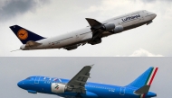 This file combination of photos created on January 27, 2023 shows (top) a Lufthansa Boeing 747 taking off overhead at the airport in Frankfurt am Main, western Germany, on August 1, 2022, and an Airbus A319-112 bearing the ITA Airways logo taking off from Rome's Fiumicino airport. (Photo by Daniel Roland and Andreas Solaro / AFP)