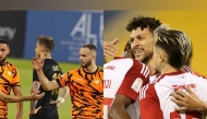 Umm Salal players celebrate after scoring a goal against Al Rayyan (L); Al Arabi's Youssef Msakni celebrates with teammates after scoring his team's second goal against Al Shamal (R)