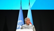 Bangladesh's interim leader Muhammad Yunus gives a speech during the United Nations Climate Change Conference (COP29) in Baku on November 13, 2024. Photo by Alexander NEMENOV / AFP.