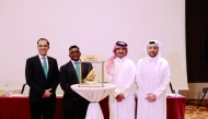 Qatar Cricket Association (QCA) Secretary-General Khalid Saleh Al Rumaihi, QCA CEO Khaled Al Suwaidi and ICC officials during the ICC Men’s T20 World Cup Asia Sub Regional Qualifier B trophy unveiling yesterday.