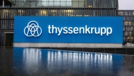 A photo shows the logo of German industrial giant Thyssenkrupp before their annual news conference at their headquarters in Essen, western Germany on November 19, 2024. (Photo by Ina FASSBENDER / AFP)
