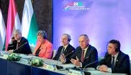 Romania's Vice Prime Minister and Minister of Internal Affairs Catalin Predoiu, European Commissioner for Home Affairs Ylva Johansson, Hungary's Minister of Interior Sandor Pinter, Austria's Federal Minister of the Interior Gerhard Karner and Bulgaria's Minister of Interior Atanas Ilkov attend a press conference on the expansion of the Schengen area, in Budapest on November 22, 2024. Photo by Peter Kohalmi / AFP.