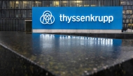 A photo shows the logo of German industrial giant Thyssenkrupp before their annual news conference at their headquarters in Essen, western Germany on November 19, 2024. (Photo by Ina FASSBENDER / AFP)