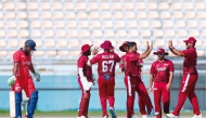 Qatar players celebrate after taking a wicket.