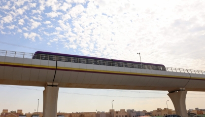 A metro train is tested on the line leading to the King Abdullah Financial District station in the Saudi capital Riyadh on November 26, 2024. (Photo by Fayez Nureldine / AFP)
