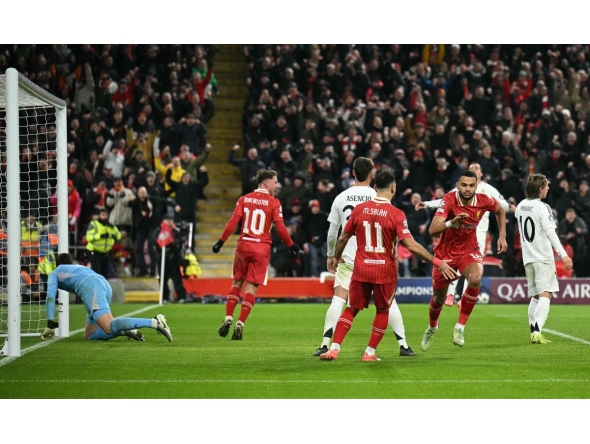 Liverpool's Dutch striker #18 Cody Gakpo (2R) celebrates scoring the team's second goal during the UEFA Champions League football match between Liverpool and Real Madrid at Anfield in Liverpool, north west England on November 27, 2024. (Photo by Oli SCARFF / AFP)
