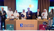 Group CEO of Doha Bank, Sheikh Abdulrahman bin Fahad bin Faisal Al Thani and Division President, East Arabia at Mastercard,  J K Khalil, with other officials at the Web Summit Qatar 2025.