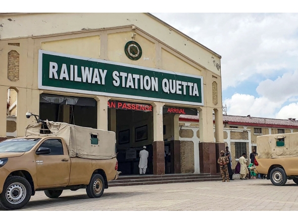 A paramilitary soldier stands guard at a railway station in Quetta on March 12, 2025. Pakistan forces launched a 