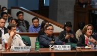 (L-R) Former Philippine president Rodrigo Duterte, former Philippine Drug Enforcement Agency director general Aaron Aquino, and former senator and human rights campaigner Leila de Lima attend a senate probe on the drug war during Duterte's administration, in Manila on October 28, 2024. Photo by Jam STA ROSA / AFP