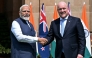 India’s Prime Minister Narendra Modi (L) shakes hands with his New Zealand’s counterpart Christopher Luxon before their meeting at the Hyderabad House in New Delhi on March 17, 2025. Photo by Sajjad HUSSAIN / AFP.