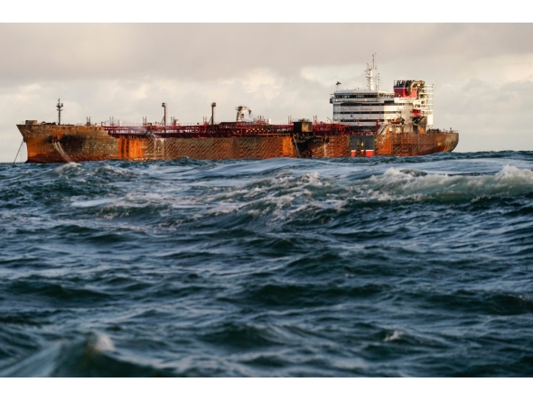 A photograph taken on March 12, 2025 shows the MV Stena Immaculate tanker at anchor in the North Sea, off the coast of Withernsea, east of England, after it was hit by the MV Solong container vessel on March 10. Photo by AFP