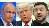 (COMBO) This combination of pictures created on March 18, 2025 shows, L-R, Russian President Vladimir Putin in Moscow on March 18, 2025 and US President Donald Trump and Ukraine's President Volodymyr Zelensky in the Oval Office of the White House in Washington, DC, February 28, 2025. (Photo by various sources / AFP)