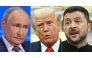 (COMBO) This combination of pictures created on March 18, 2025 shows, L-R, Russian President Vladimir Putin in Moscow on March 18, 2025 and US President Donald Trump and Ukraine's President Volodymyr Zelensky in the Oval Office of the White House in Washington, DC, February 28, 2025. (Photo by various sources / AFP)