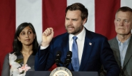 US Vice President JD Vance join by his wife Usha Vance and plant owner Paul Aultman, speaks at Vantage Plastics in Bay City, Michigan, March 14, 2025. (Photo by JEFF KOWALSKY / AFP)
