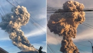 Collage of handout photos taken from the Facebook account of Channel Nicor of C.N. Photography on April 8, 2025 shows Mount Kanlaon erupting as seen from a village in La Castellana, Negros Occidental Province, central Philippines. (Photo by Handout / Channel Nicor of C.N. Photography Facebook account / AFP) 