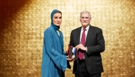 Chairperson of Qatar Foundation H H Sheikha Moza bint Nasser being presented with the Georgetown University President’s Medal by Georgetown University Interim President Robert M Groves.