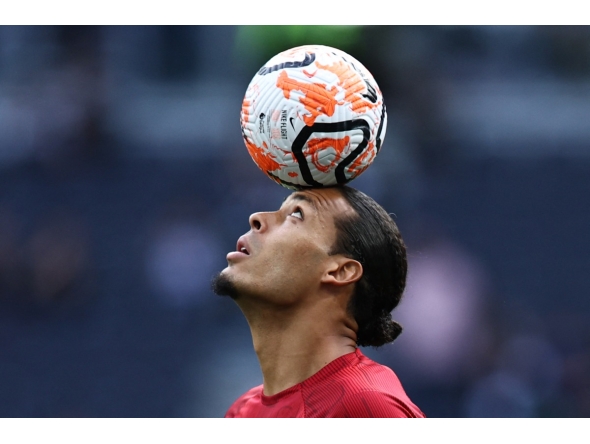 Liverpool's Dutch defender #04 Virgil van Dijk controls the ball during the warm up prior to the English Premier League football match between Tottenham Hotspur and Liverpool at Tottenham Hotspur Stadium in London, on September 30, 2023. Photo by HENRY NICHOLLS / AFP