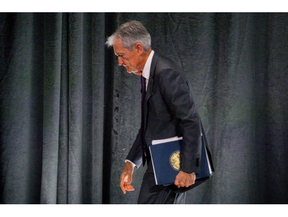 Federal Reserve Chair Jerome Powell departs after speaking with Dr. Raghuram Rajan, a Professor of Finance at the University of Chicago's Booth School, during an Economic Club of Chicago event on April 16, 2025 in Chicago, Illinois. (Photo by Vincent Alban / GETTY IMAGES NORTH AMERICA / Getty Images via AFP)
