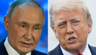 (COMBO) This combination of pictures created on April 24, 2025 shows, L-R, Russian President Vladimir Putin speaking in Murmansk on March 27, 2025 and US President Donald Trump outside the White House in Washington, DC, on April 23, 2025. (Photo by Olga MALTSEVA and SAUL LOEB / AFP)
