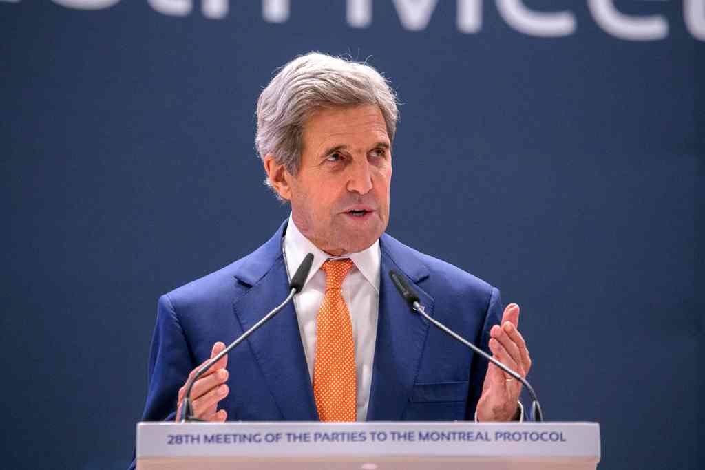 US Secretary of State John Kerry gestures as he delivers a speech during the 28th Meeting of the Parties to the Montreal Protocol in Kigali, on October 14, 2016. AFP / CYRIL NDEGEYA