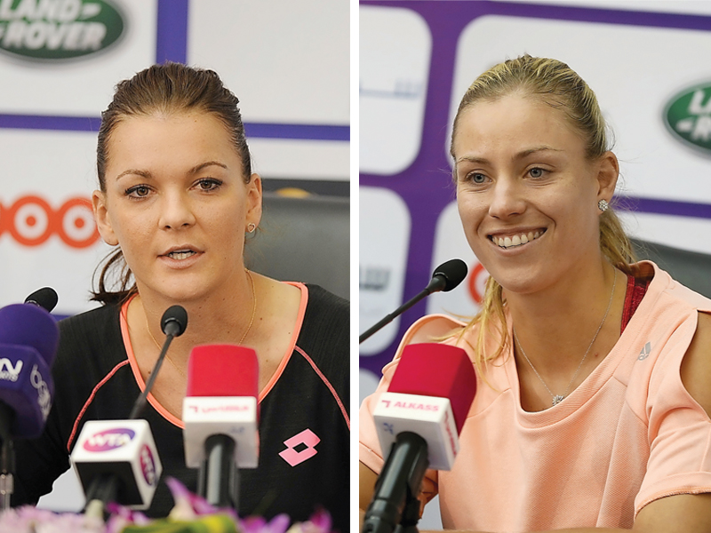 Agnieszka Radwanska of Poland addressing the media at the Qatar Total Open media centre in Doha in this file picture of February 2016. RIGHT: Angelique Kerber of Germany.