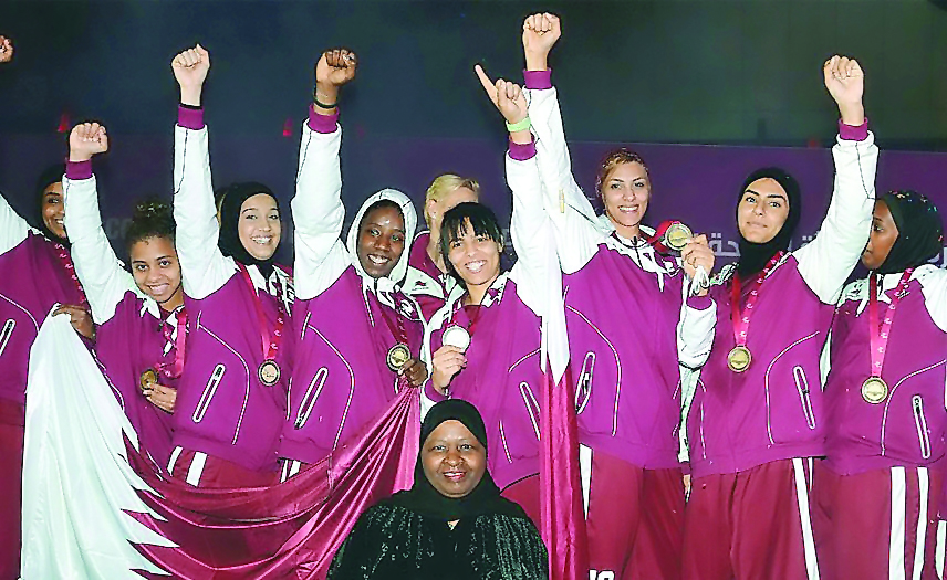 The victorious Qatari basketball team celebrate on the podium. Qatari cagers outsmarted the UAE 53-39 to wrap up their triumphant run at the fifth GCC Women’s Games in style. The multi-sport gala concluded with a colourful closing ceremony at Aspire Dome 