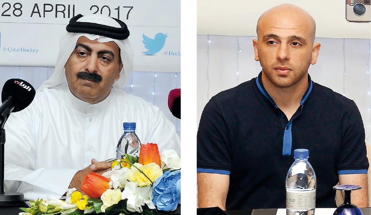 The President of the  Qatar Rugby, Hockey and Cricket Federation (QRHCF) Youssef Jaham Al Kuwari (left) and Qatar hockey team’s head coach Maggid Abu Talib addressing the media during a  press conference held at Holiday Villa yesterday. (Pictures: Kammutt