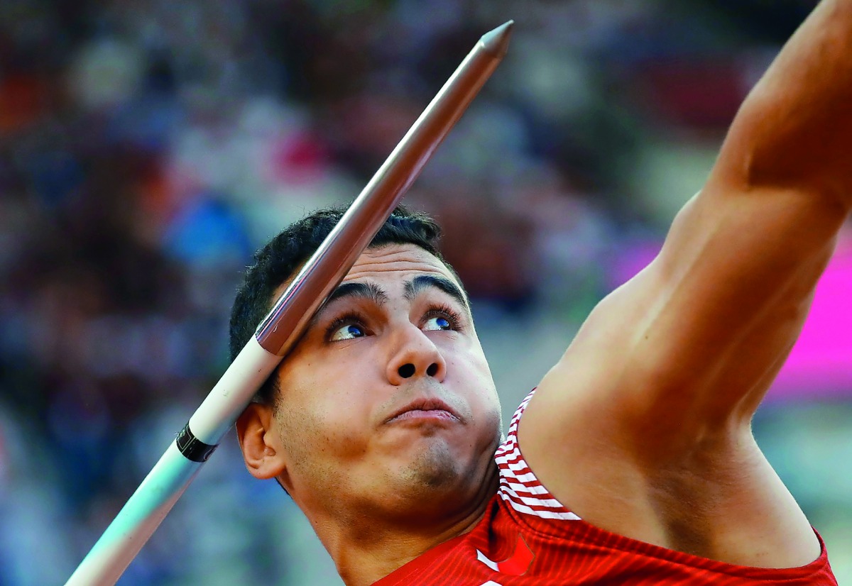 Qatar’s Ahmed Budair competes in men’s javelin throw at London Olympic Stadium in London, yesterday.