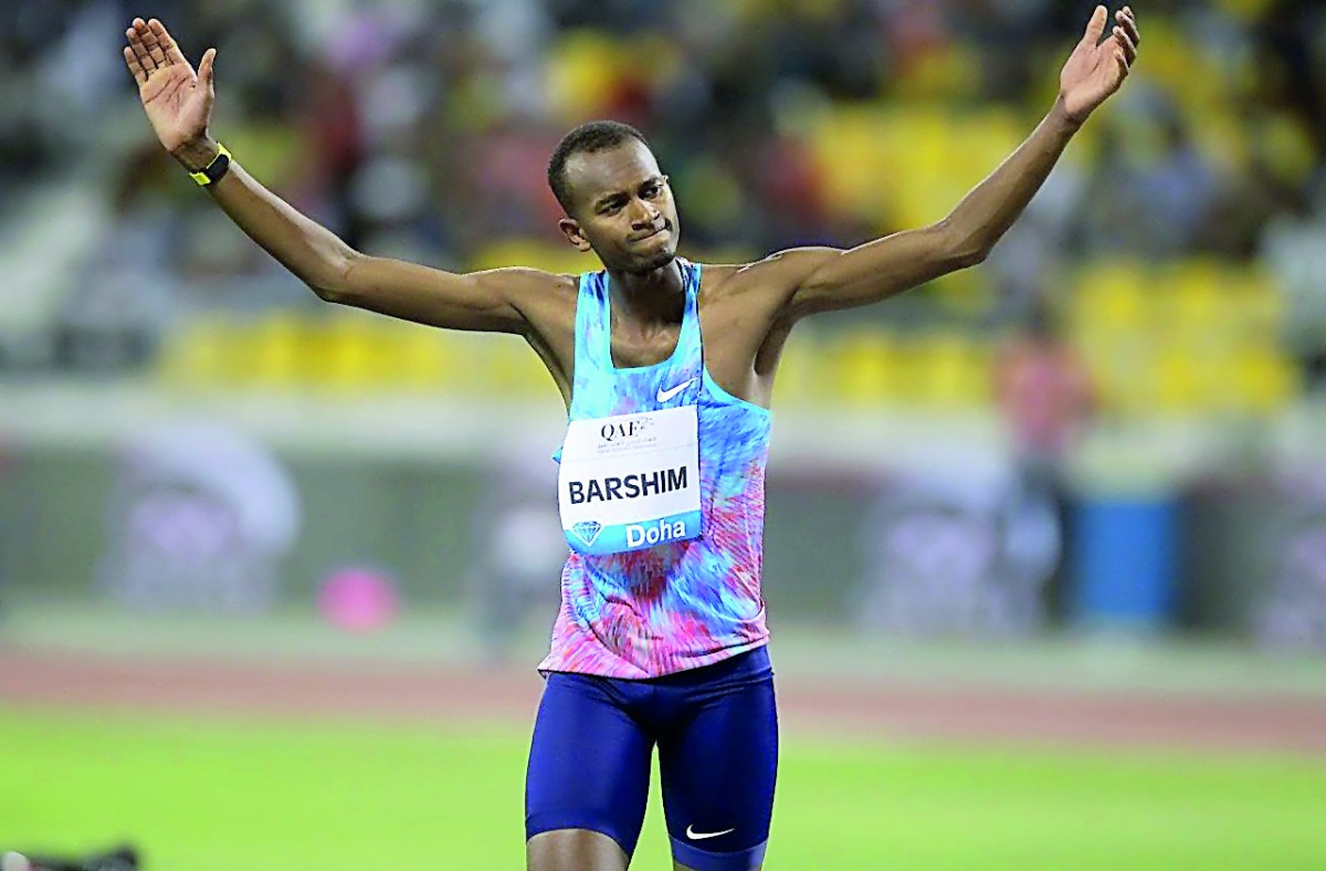 Qatar’s double Olympic medallists Mutaz Essa Barshim celebrates his victory during the Doha Diamond League Meeting in this May 5, 2017 file photo.