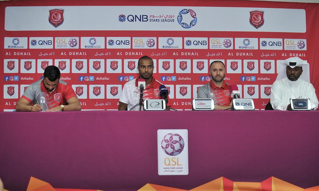 Ali Afeef, Captain of Al Duhail team and Djamel Belmadi, Head Coach of Al Duhail team during the QNB Stars League press conference which took place at Al Gharafa Sport Club.