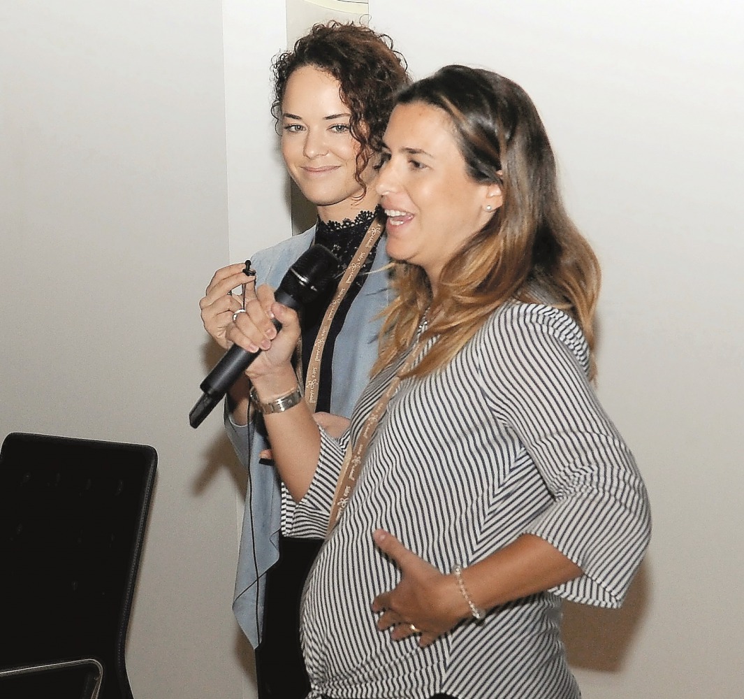 Sofia Ferreira and Paula Ibanez explaining about their innovation ‘10 moons -Âshr Aqmar’ which is now a Sidra Medicine smartphone app for pregnant women in Qatar. Pic: Salim Matramkot / The Peninsula 