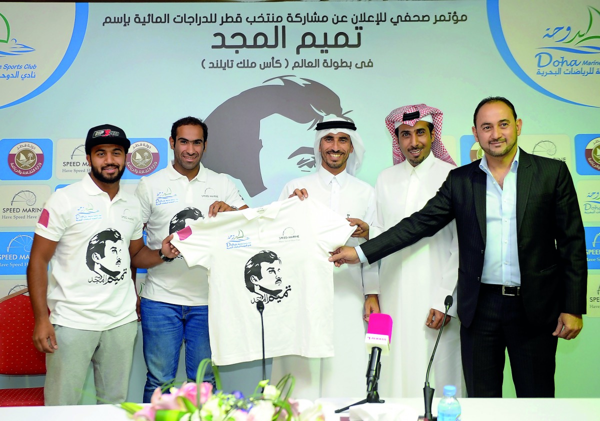 FROM LEFT: Qatari Aquabike pilots Waleed Mahmoud Al Sharshani and Ali Mohammad Al Naimai pose for a photograph with Sheikh Jassim bin Nasser Al Thani, Chairman Speed Marine,  Saleh Ibrahim Al Mannai, Vice Chairman Doha Marine Sports Club and Hossam Khatib