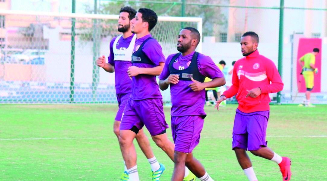 Khalfan Ibrahim (foreground) along with his team-mates during Al Arabi’s training session ahead of the QSL game against Al Gharafa. 