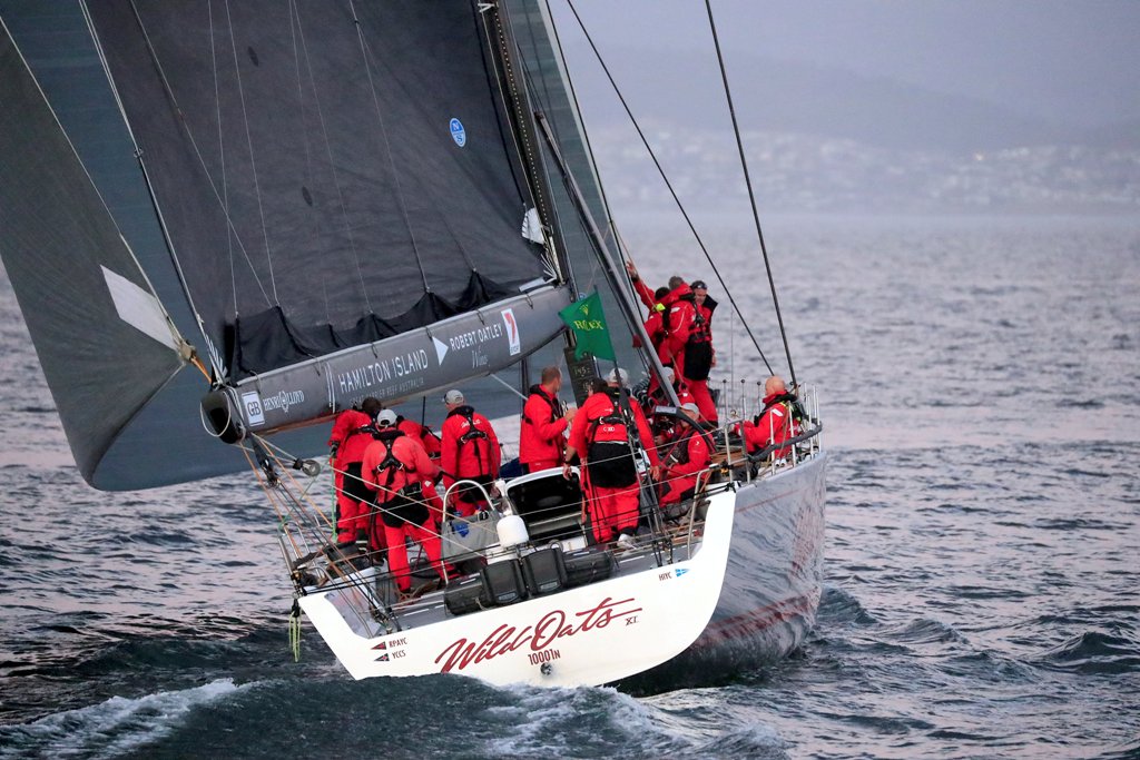 Australian super-maxi Wild Oats XI sails towards the finish line to win the annual 630 nautical miles (1166 kilometres) Sydney to Hobart Yacht Race, December 27, 2017. AAP/Rob Blakers/via REUTERS 