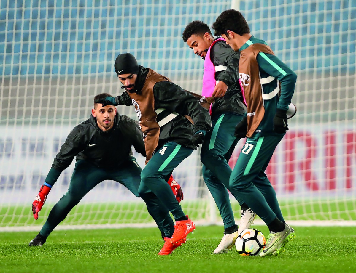 Qatar’s Akram Afif (second right) in action during a training session with team-mates ahead of their AFC U23 Championship match against Oman in Changzhou, in southern Jiangsu province of China.