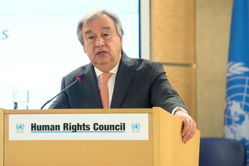 United Nations Secretary General Antonio Guterres addresses the 37th session of the United Nations Human Rights Council on February 26, 2018 in Geneva. AFP / Jean-Guy PYTHON
