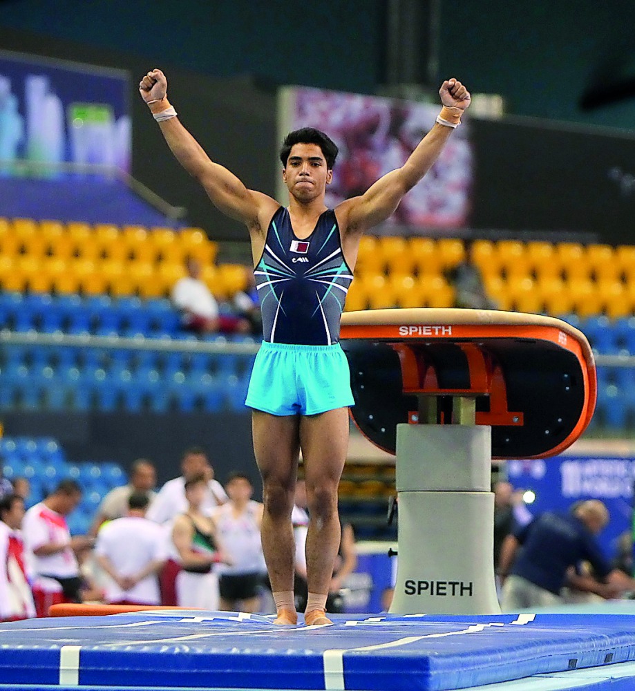 Qatar's Mosa Ahmed celebrates after performing at Aspire Dome yesterday. 