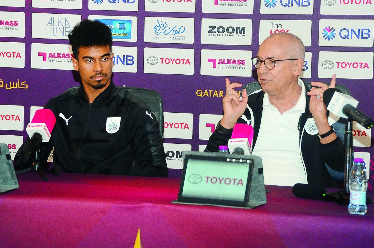 Al Sadd coach Jesualdo Ferreira (right) speaks during a press conference as star Akram Afif looks on yesterday. RIGHT: Al Rayyan coach Michael Laudrup gestures during a press conference. Defending champions Al Sadd and Al Rayyan will square off in the fir