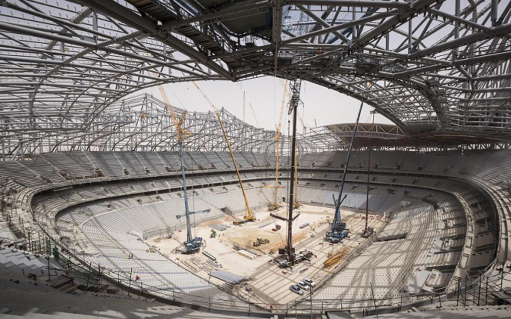 A view of the Al Bayt Stadium in Al Khor City resembling the inside of a traditional Bedouin tent.