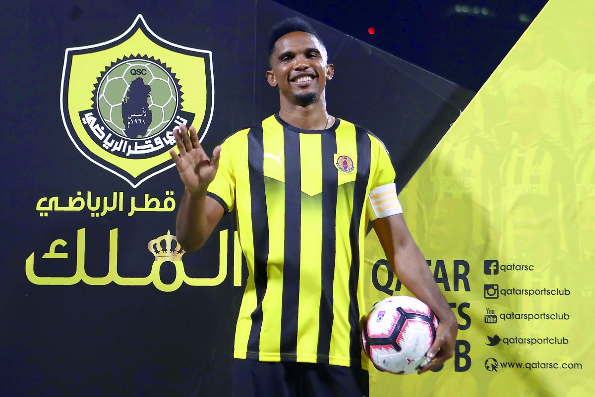 Cameroonian forward Samuel Eto’o attends his presentation after signing a one year contract to play for Qatar Sports Club football team, in Doha on August 14, 2018. 