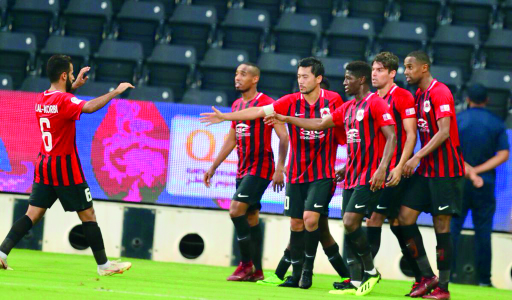 Al Rayyan’s players celebrate their 2-1 win over Al Kharaitiyat at Al Sadd Stadium, yesterday. 