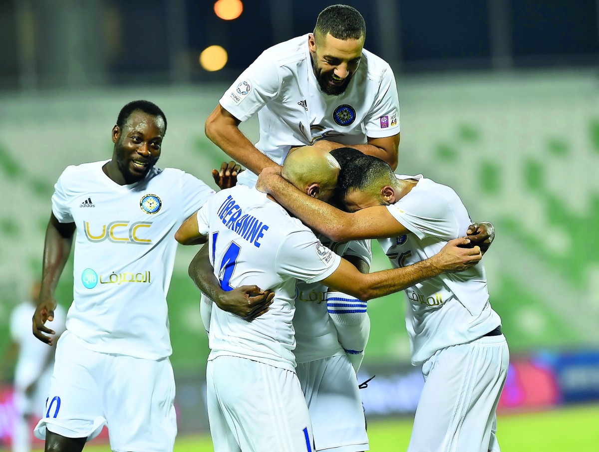 Al Sailiya players celebrate a goal against Al Ahli during their QSL match at Hamad Bin Khalifa Stadium, yesterday.   Picture by: Syed Omar