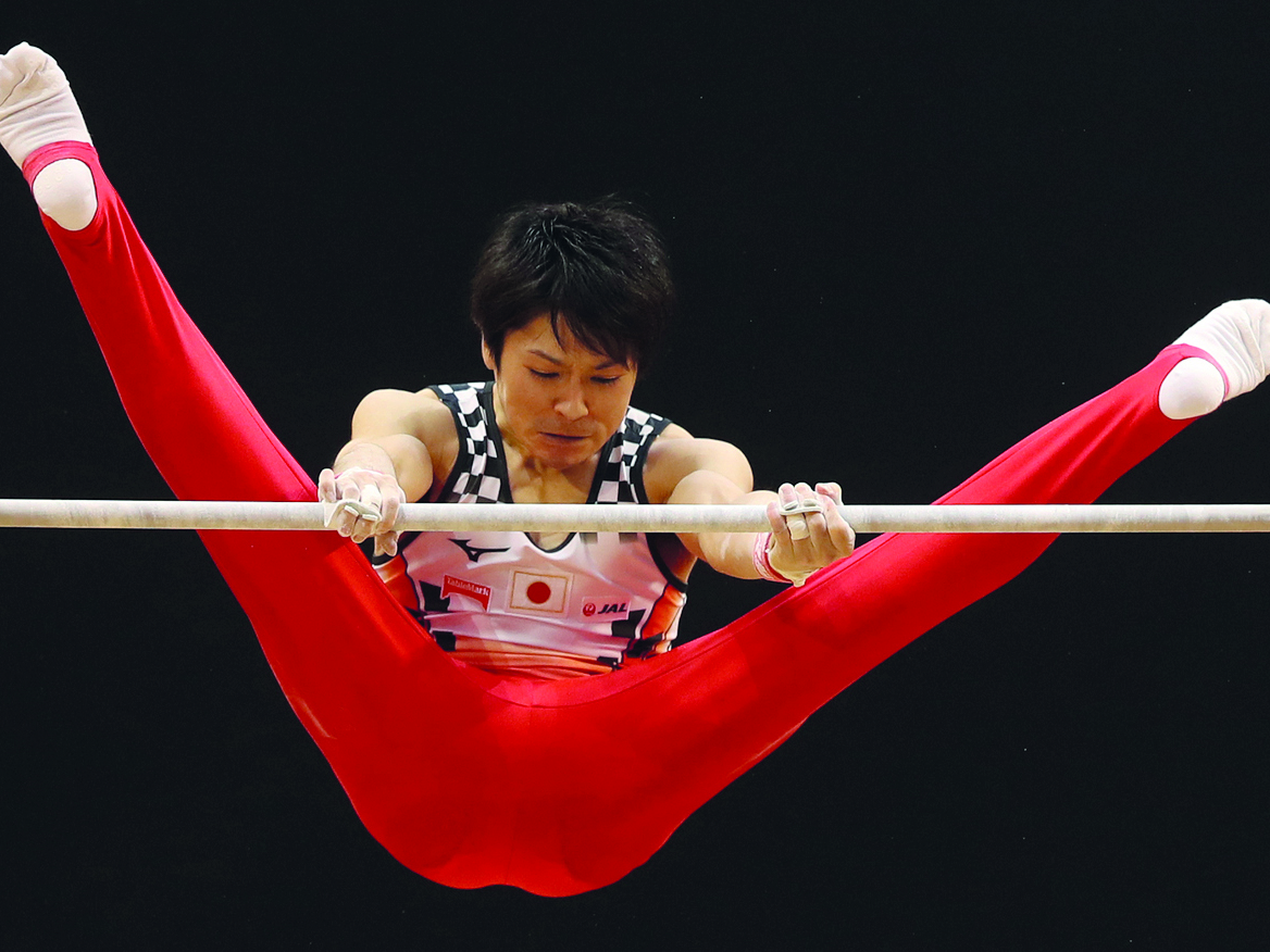 Kohei Uchimura of Japan competes in the men’s horizontal bar qualification during day two of the 48th FIG Artistic Gymnastics Championships at Doha’s Aspire Dome yesterday. (Pic: Syed Omar)