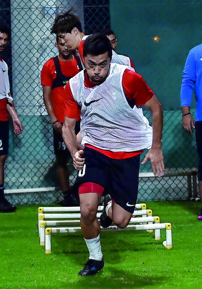 Al Rayyan captain Rodrigo Tabata (foreground) during a  team’s training session, ahead of the match against Al Shahaniya. 