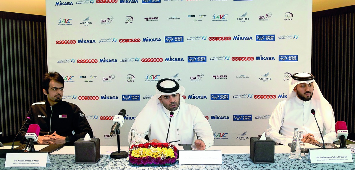 Mohammed Mubarak Al Kuwari, Chairman of the Organising Committee, AZF (centre), Mohammed Salem Al Kuwari, General Coordinator of the Organising Committee, QVA (right) and Nasser Ahmed Al Meer, captain, Qatar national team during a press conference at Torc