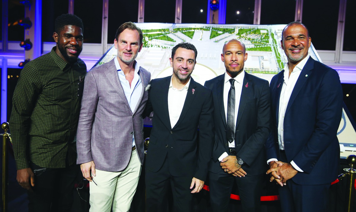 From left: Barcelona’s French defender Samuel Umtiti, former Dutch player Ronald de Boer, Al Sadd’s Spanish legend Xavi Hernandez, Mainz’s Dutch midfielder Nigel De Jong and former Dutch star Ruud Gullit during the Lusail Stadium’s design unveiling ceremo